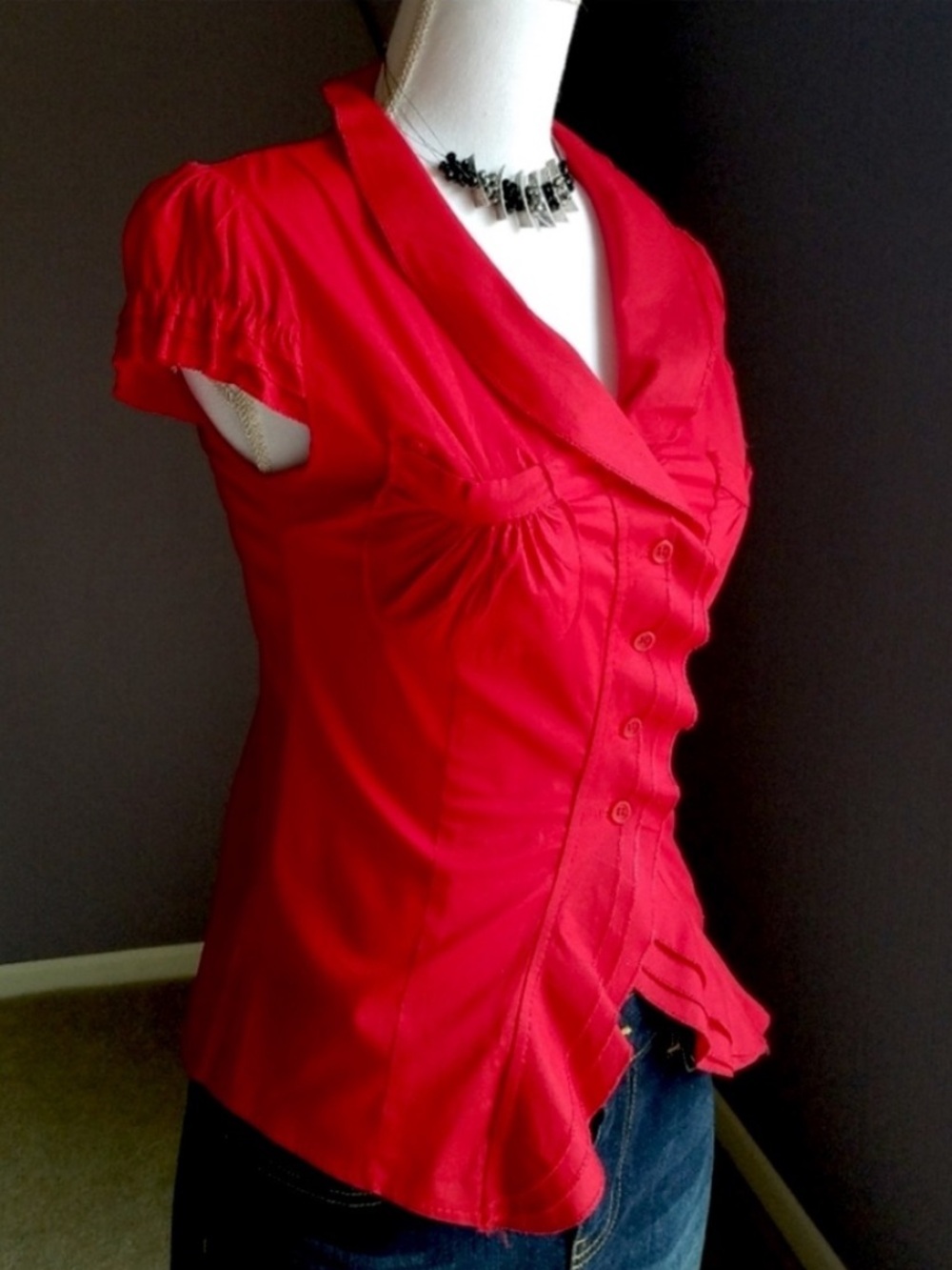 Red Short-sleeve Ruffle Cotton Dress Shirt from Italy Like New